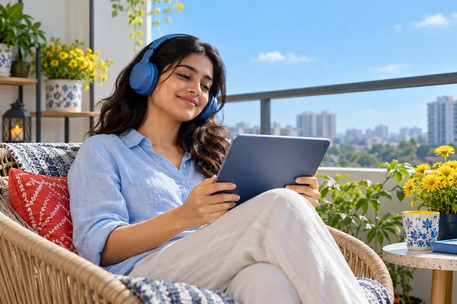 बालकनी में संगीत सुनती महिला